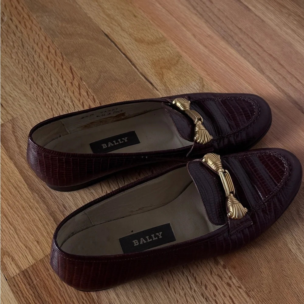 Vintage 90s Bally LEATHER Buckle Oxfords 1990s Brown Croc Embossed‎ Size 6 1/2 M